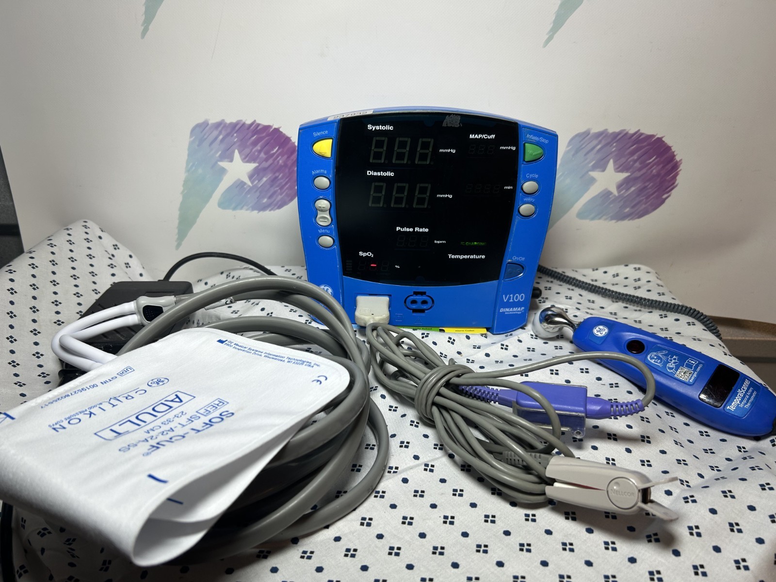 Ge Carescape V100 Patient Monitor, Accessories, Temp Scanner, Power Supply